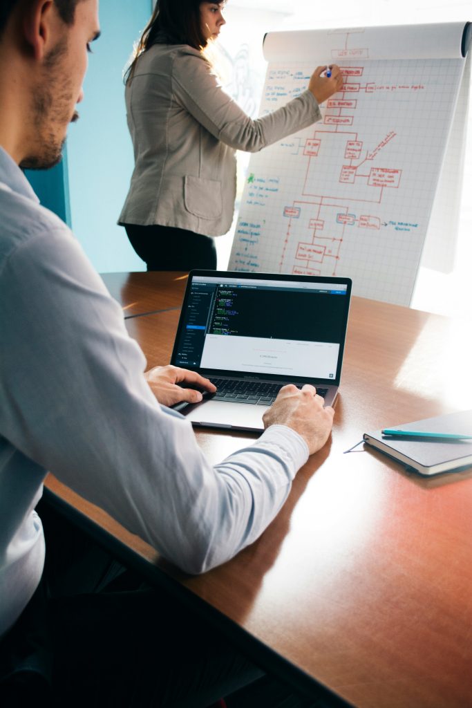 Picture of a man working on a computer and a woman writing on a board